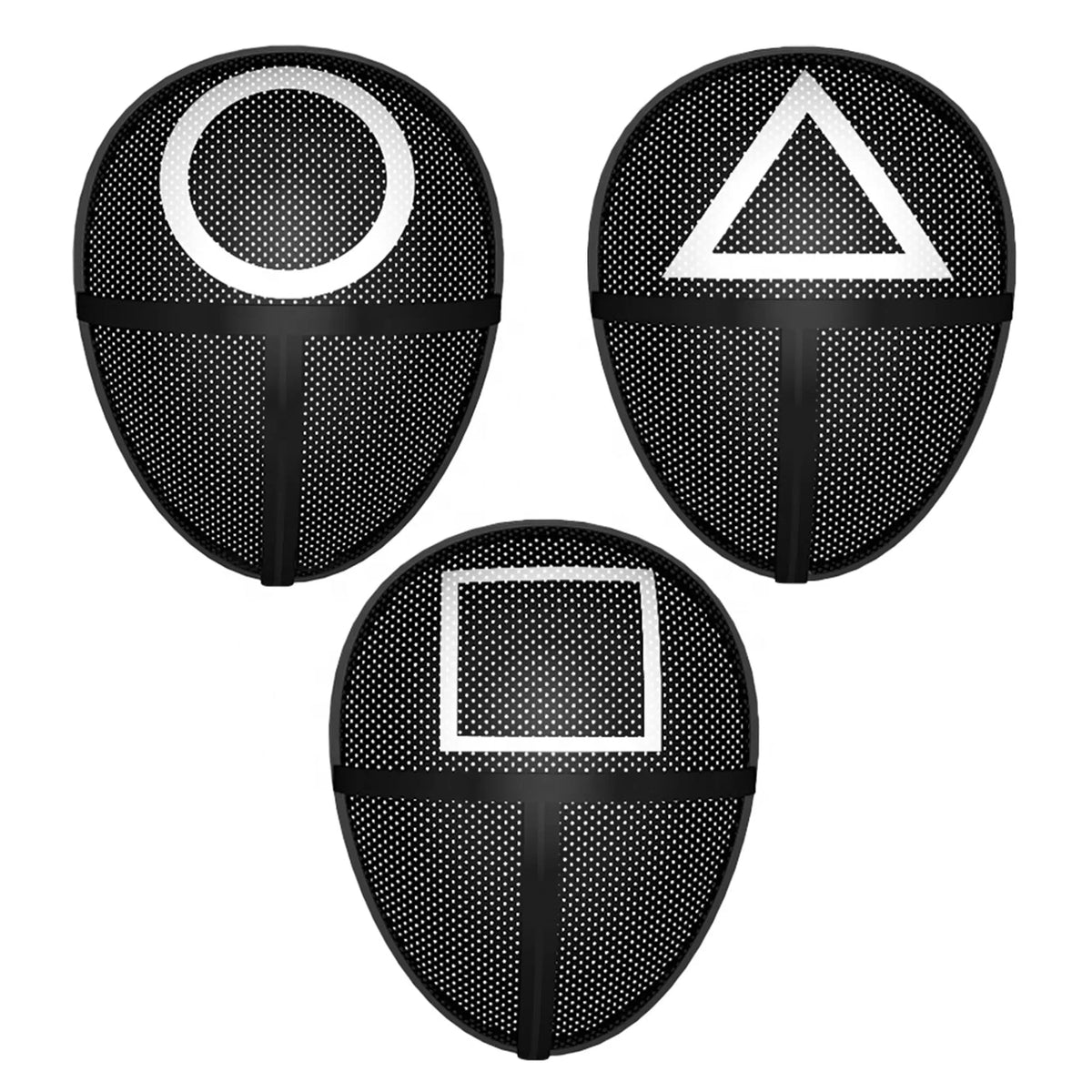 3 different mesh face masks. One with triangle, circle, and square