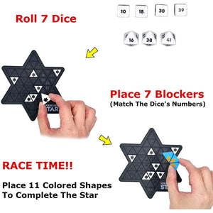top view of the genius star on a white background with text. The text is explaining how to play, roll 7 dice, place 7 blockers, race time!