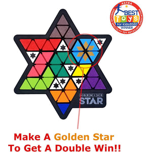 Front view of a completed genius star game board, with text explaining to make a golden star to get a double win.