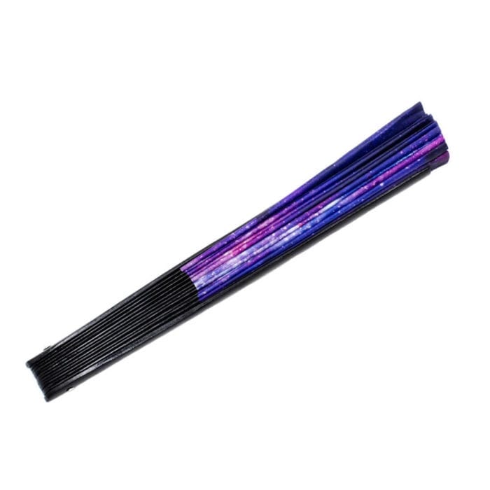 A purple galaxy print is on the front of the foldable fan, which has black sticks