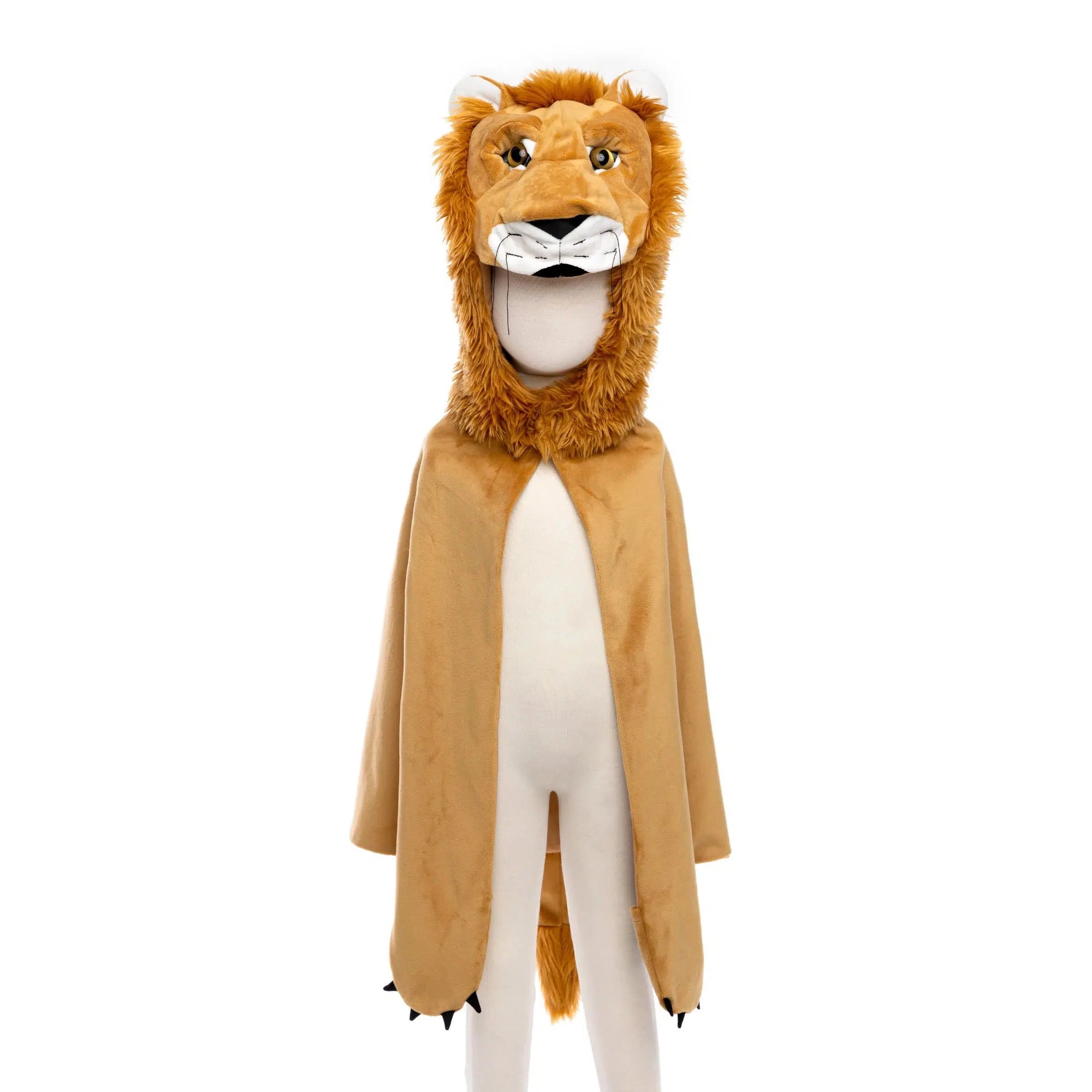 Front view of a child wearing the lion cape. 