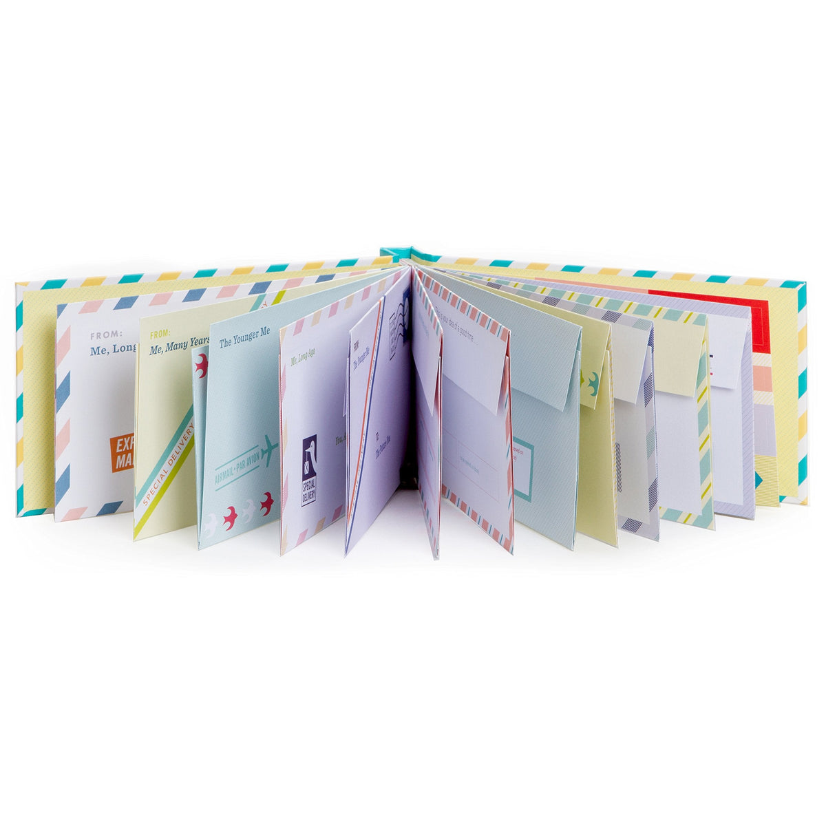 Front view of the letters to my baby booklet fanned out to show prepared envelopes and letter prompts.