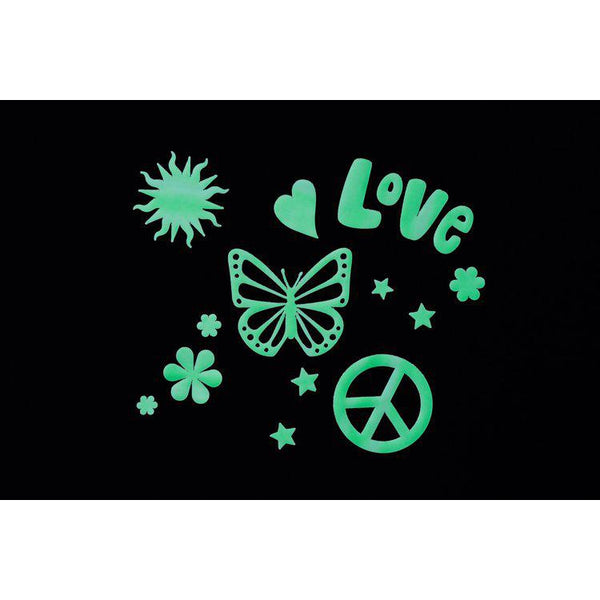 Front view of Glow Peace and Love stickers.