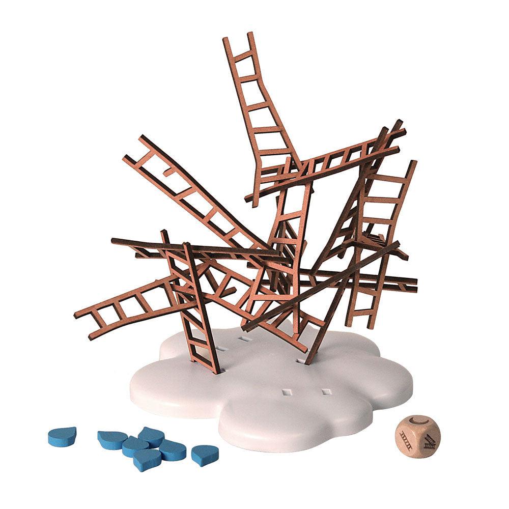 Game pieces, a cloud with ladders stacked on top, wooden raindrops off to the side and a wooden die