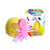 Front view of the yellow Bath Squiggler-Single Bath Bomb Surprise sitting beside with the package and the surprise beside it.