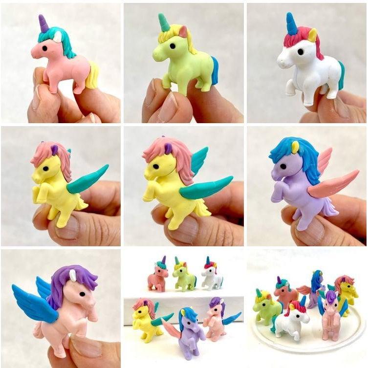 Front view of the various colors of the Puzzle Eraser-Unicorns &amp; Pegasus both separate and all together.