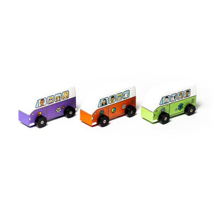 Front view of Jack Rabbit Creations love bus mini rollers showing purple, orange, and green.