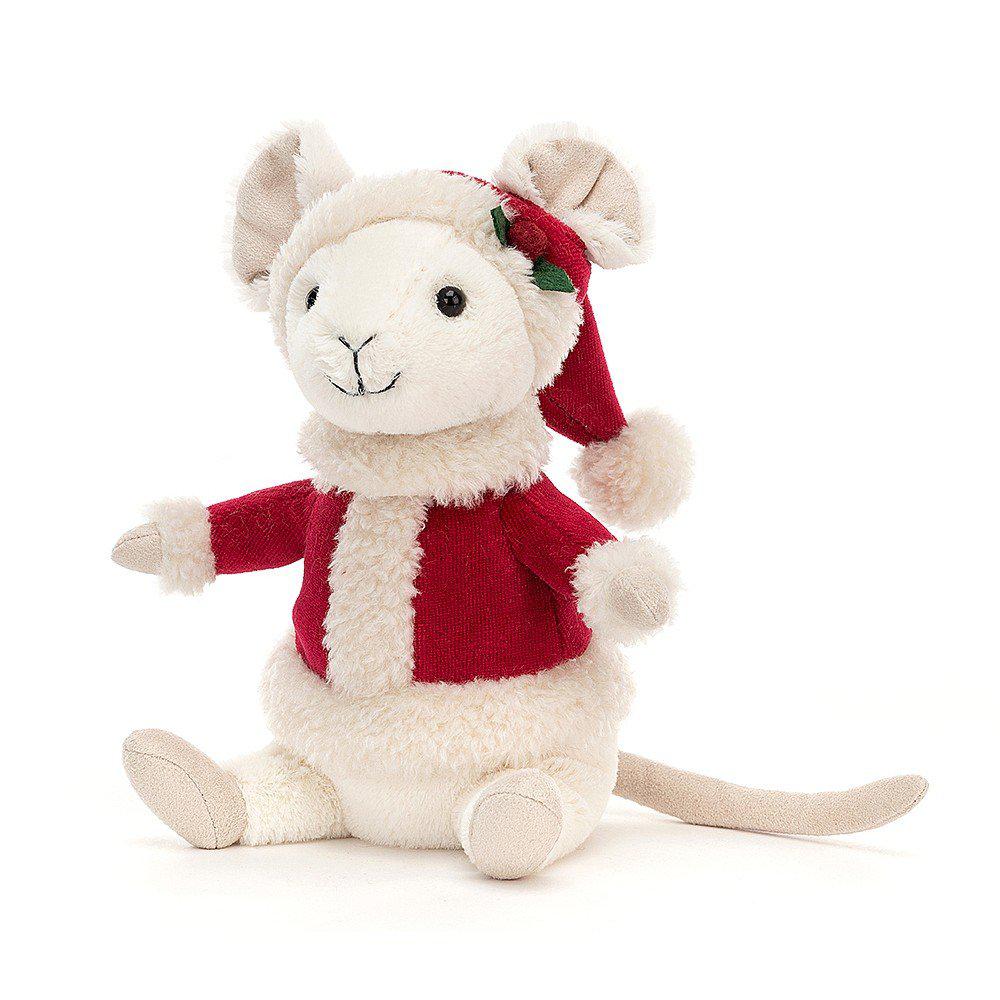 Front view of Jellycat Merry Mouse in red jacket with red Santa hat with holly decoration.
