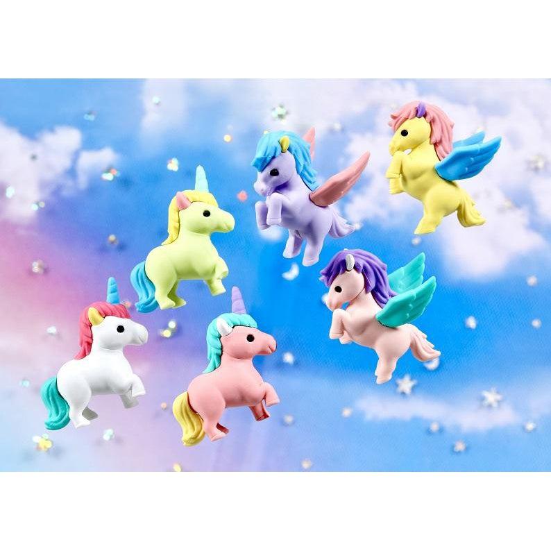 Front view of all of the varieties of the Puzzle Eraser-Unicorn &amp; Pegasus floating against a blue sky background.
