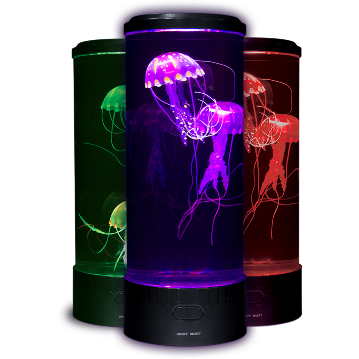 Front view of three Jellyfish lamps, the center one showing the lamp illuminated with purple light. The right lamp is illuminated red, and the left lamp is illuminated green.