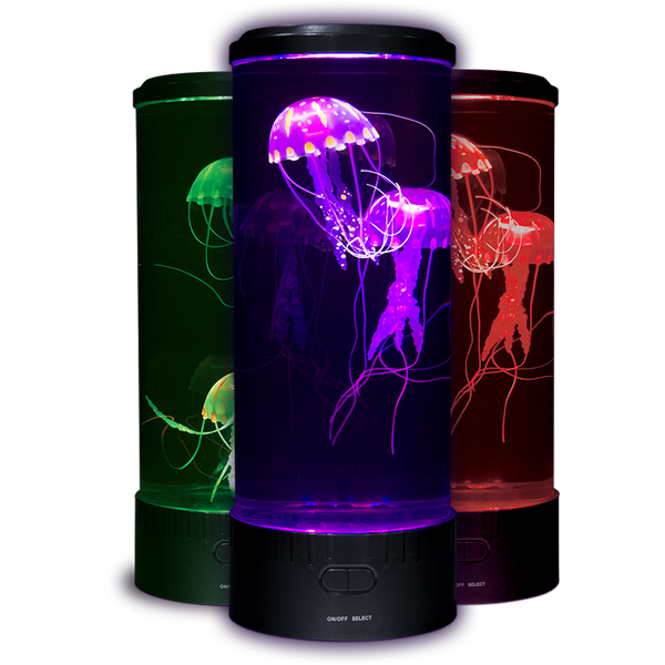 Front view of three Jellyfish lamps, the center one showing the lamp illuminated with purple light. The right lamp is illuminated red, and the left lamp is illuminated green.