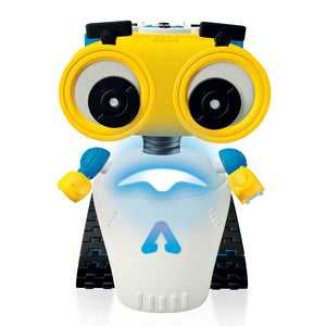 Front view of white and yellow robot, with large eyes.