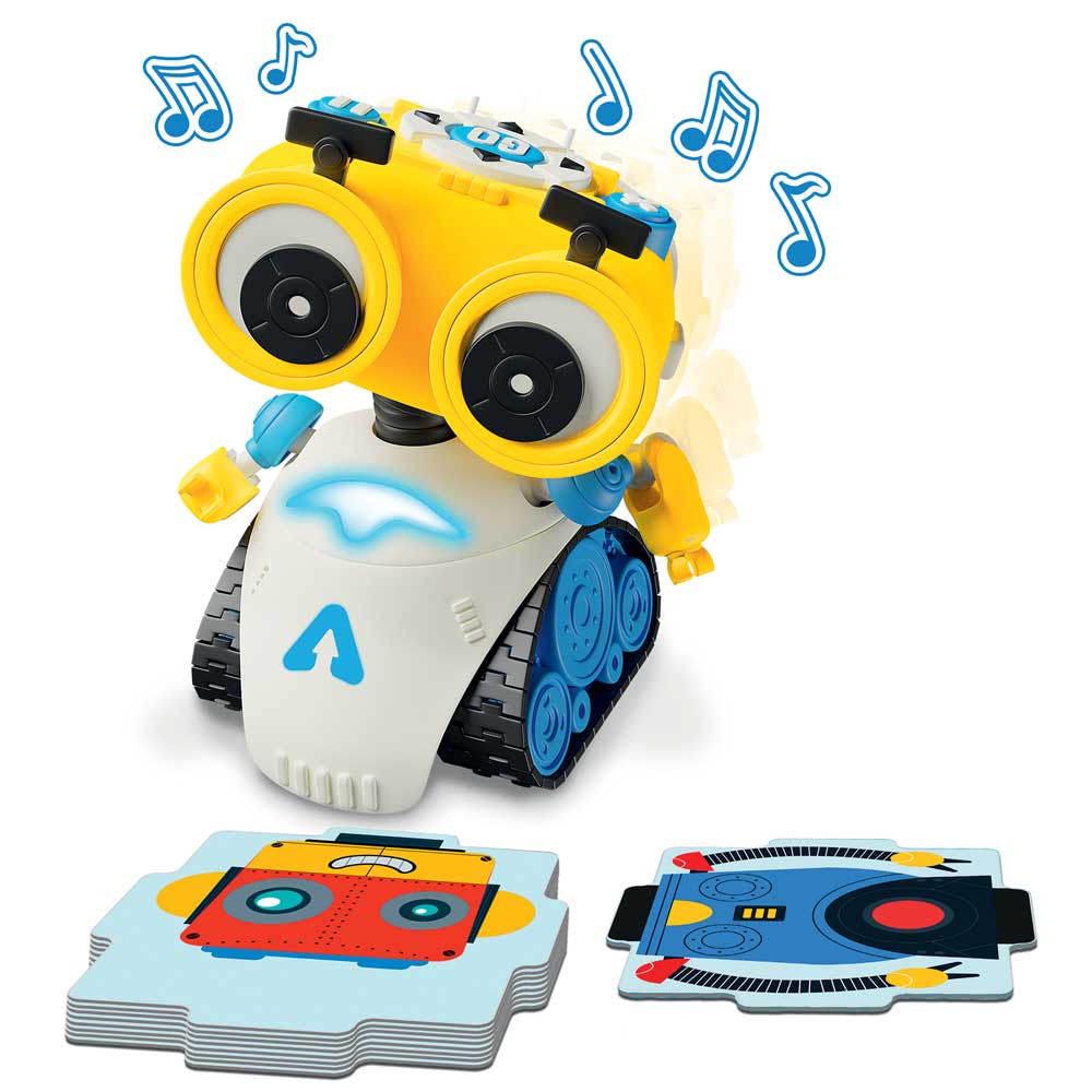 Front quarter view of box, blue and white with yellow robot with large eyes.