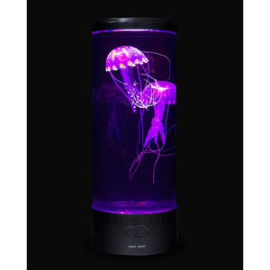 Front view of a jellyfish lamp illuminated with purple lights.
