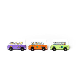 Front side view of Jack Rabbit Creations Love Bus mini rollers lined up showing purple, orange, and green.