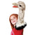 Ostrich stage puppet on a red haired girl's arm, as she looks up and smiles at the puppet