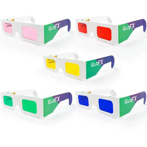 Five white paper glasses with pink, red, yellow, green and blue lenses. GloFX is written on the side of the glasses