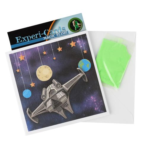 Spaceship with planets and stars card, with experiment showing