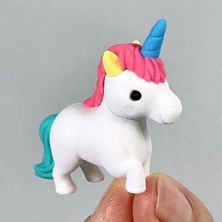 Front view of the white unicorn with blue horn, pink mane, and teal tale from the Puzzle Eraser -Unicorn &amp; Pegasus. 