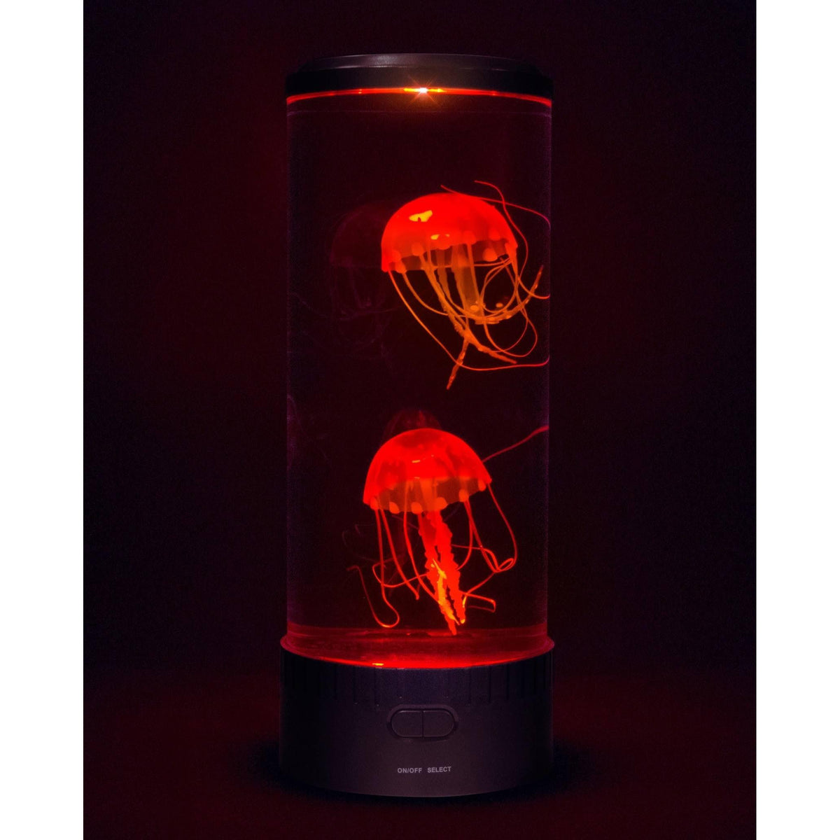 Front view of a jellyfish lamp illuminated with red lights. 