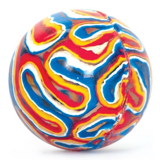 Front view of the Classic Bouncy Ball that is swirled with blue, red, white, and yellow.
