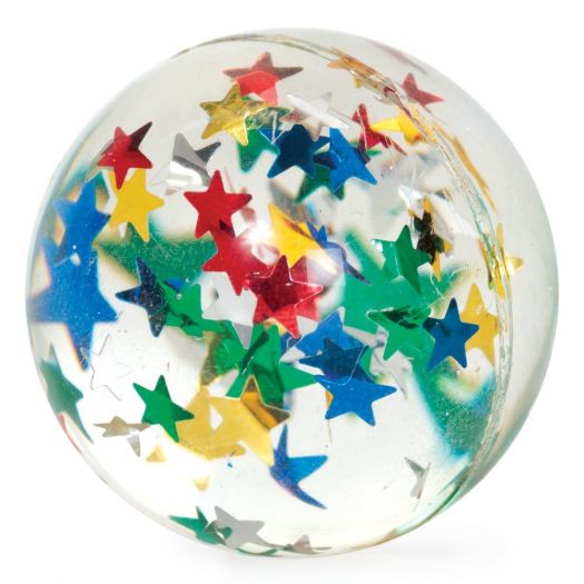 Front view of the Classic Bouncy Ball with green, blue, yellow, and red stars inside of a clear ball.