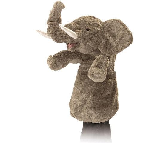 Elephant stage puppet with horns on a hand.