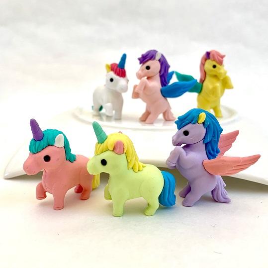 Front view of all the different styles and colors of the Puzzle Eraser-Unicorn & Pegasus.