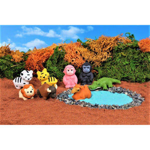 Front view with a jungle background and pond of the animals including the lion, white tiger, yellow tiger, bison, camel, pink gorilla, black gorilla, and alligator from the Puzzle Eraser-Safari set.