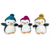 Front view of Jellycats winter penguins wearing a teal ski hat, a fuchsia ski hat, and a mustard ski hat.