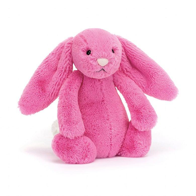 Front view of bashful hot pink bunny sitting.