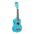 Front view of the blue yonder ukulele angled to the right.