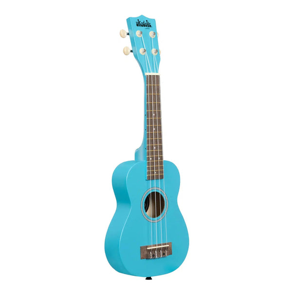 Front view of the blue yonder ukulele angled to the right.