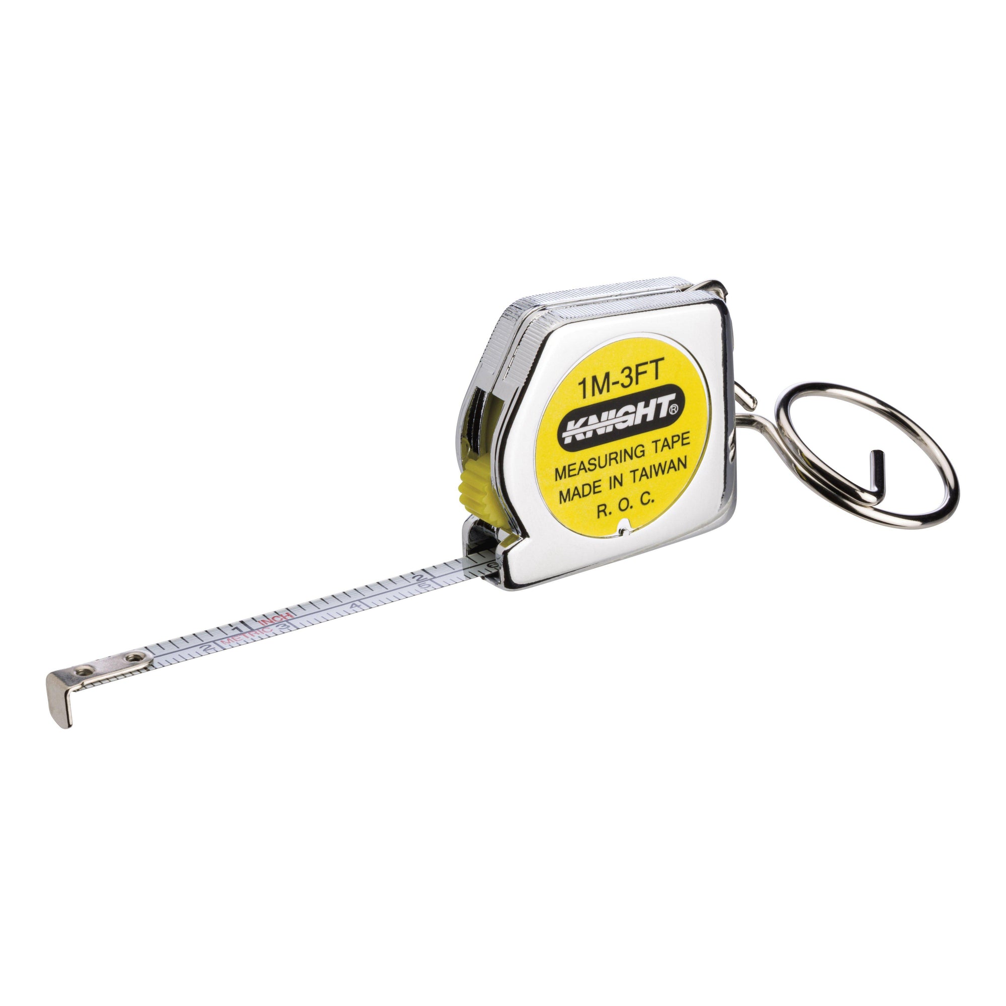Side view of a key chain tape measure being extended on a white background.