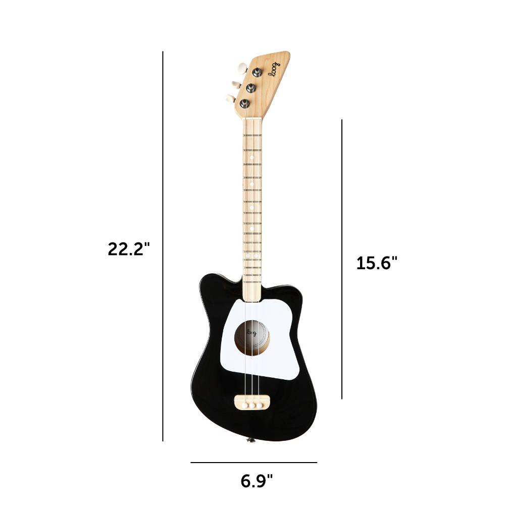 Front view of a black mini guitar, with text showing the dimensions of the guitar.