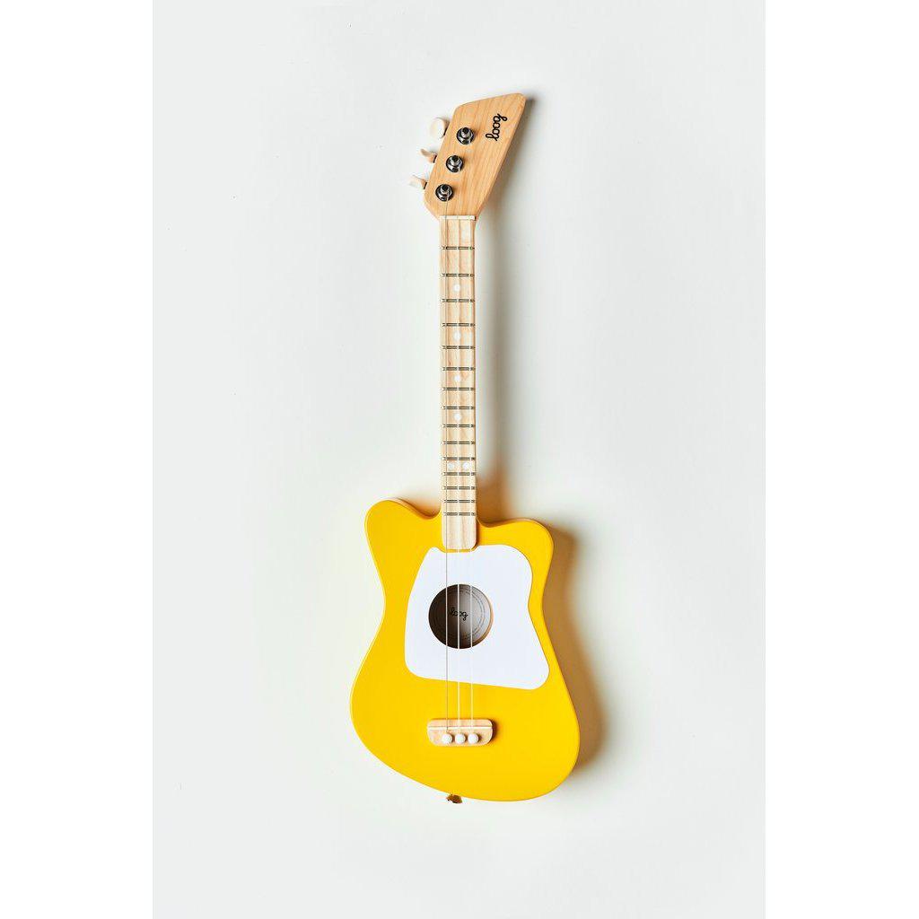 Front view of the mini yellow guitar.