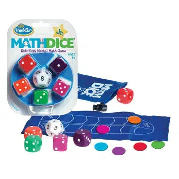 Front view of everything included in the math dice jr. game. 