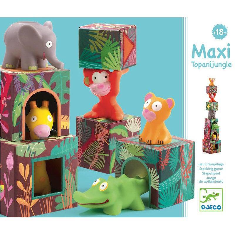 Front view of maxi topanjungle stacking toy in box.