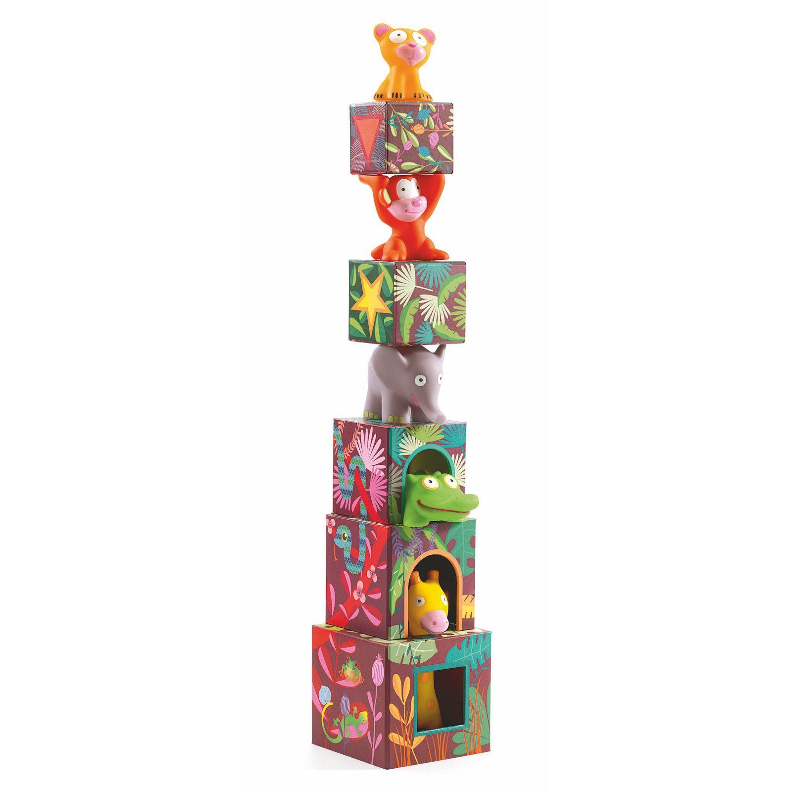 Front view of maxi topanjungle stacking toy in box.