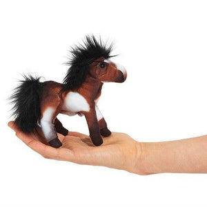 Brown and white paint pony finger puppet with black mane