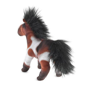 Brown and white paint pony finger puppet with black mane, quarter rear view.