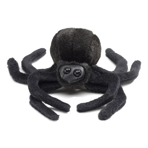 Black fuzzy spider finger puppet, front view.