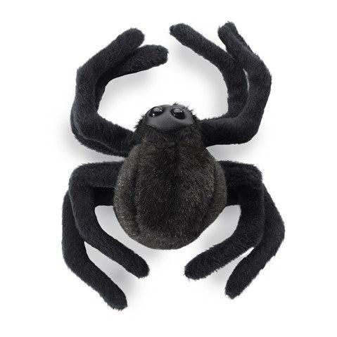 Black fuzzy spider finger puppet from above