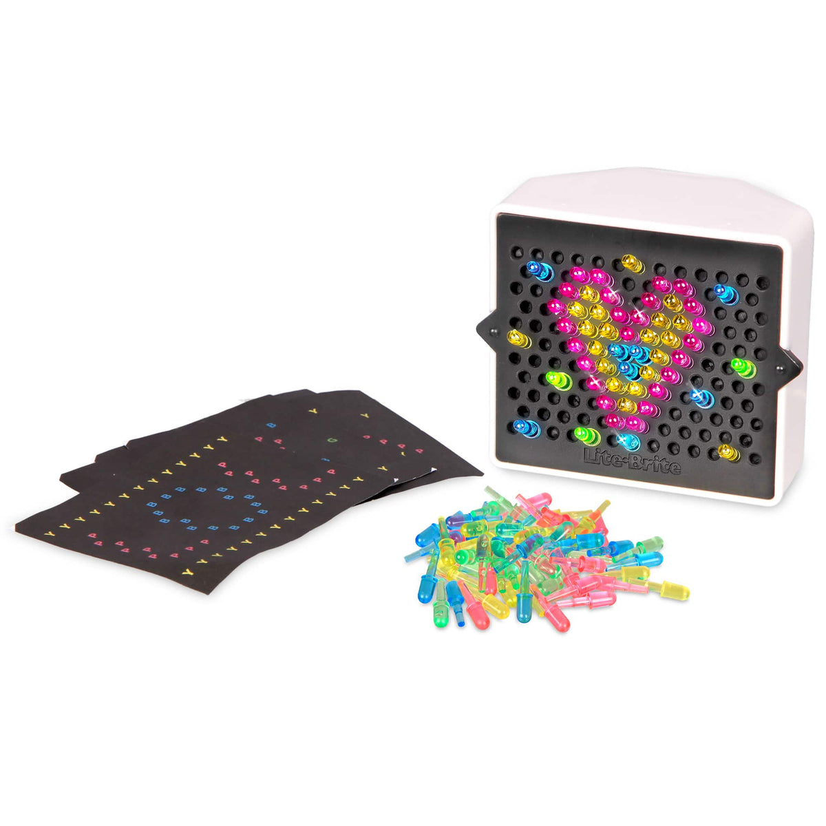 Front view of the Mini Lite Brite set up. Surrounded by templates and pegs on a white background. 