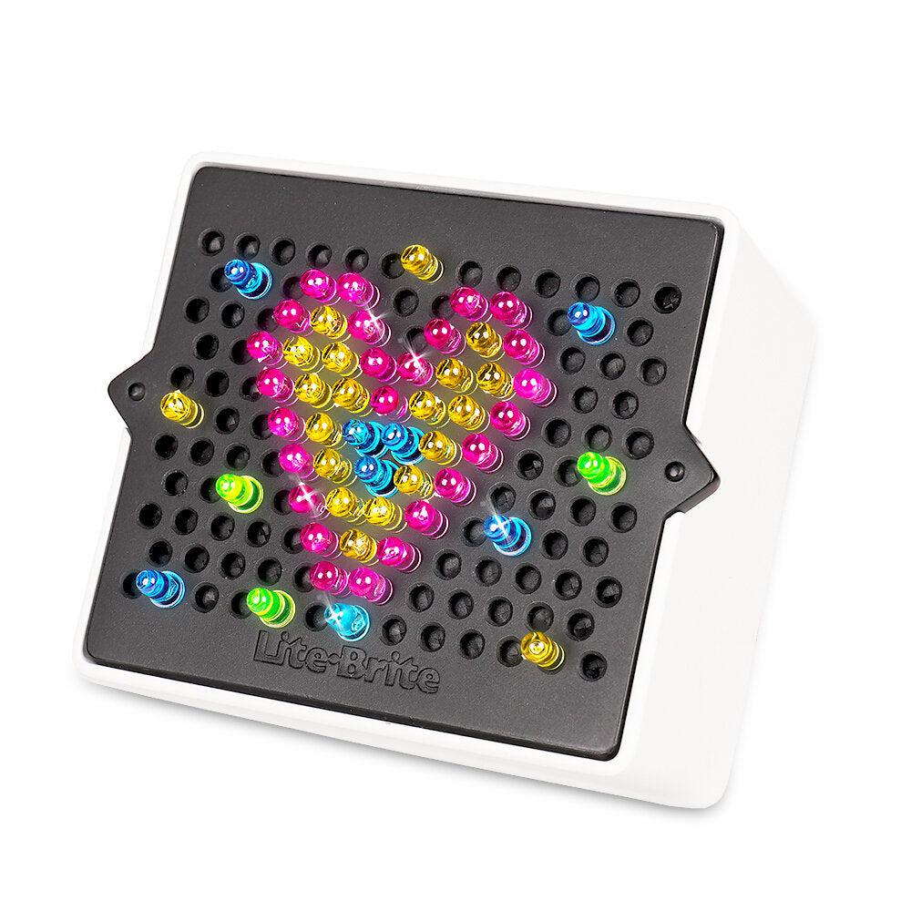 Front view of the Mini Lite Brite with a lit up heart design on it.