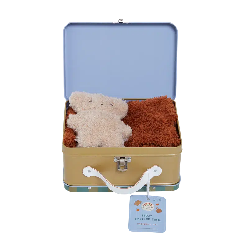 Front view of the contents of the teddy pretend pack inside the collectible tin.