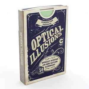 Front view of the optical illusions card set in the box.