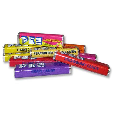 Front view of a variety of flavors of PEZ Refills including strawberry, lemon, grape, cherry, and strawberry lemonade.