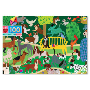 Front view of the dogs at play puzzle in the box.