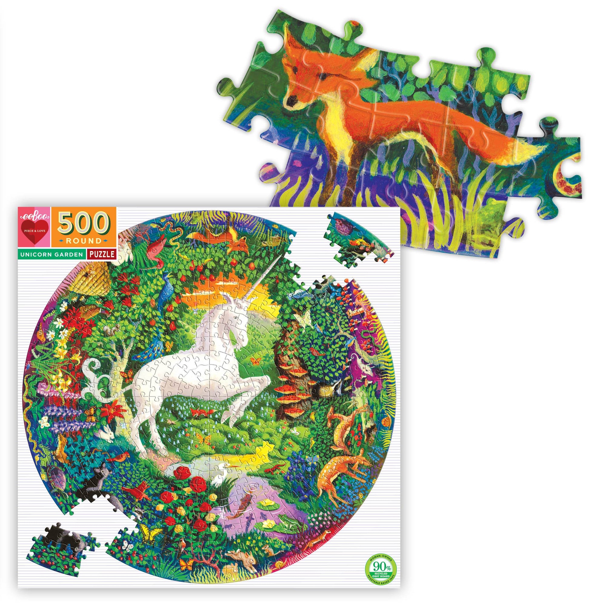 Box featuring image of a white unicorn rearing up in the center of a colorful garden with animals, with a detail of pieces assembled with a red fox on them.
